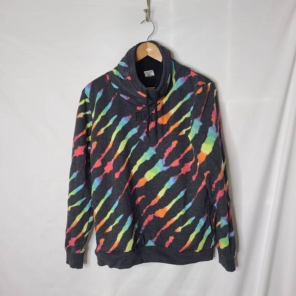 Victoria's Secret PINK Rainbow Zebra Stripe Sherpa Lined Cowl Neck Pullover Swea - Picture 1 of 4